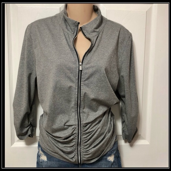 Calvin Klein Performance Gray Striped Zip-Up Ruched Athleisure Jacket Top XL - Picture 3 of 5